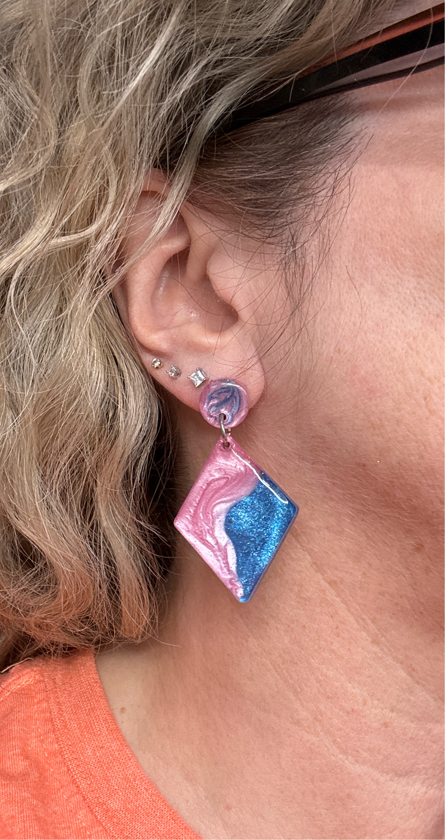 Blue and Pink Diamond Shape Resin Earrings