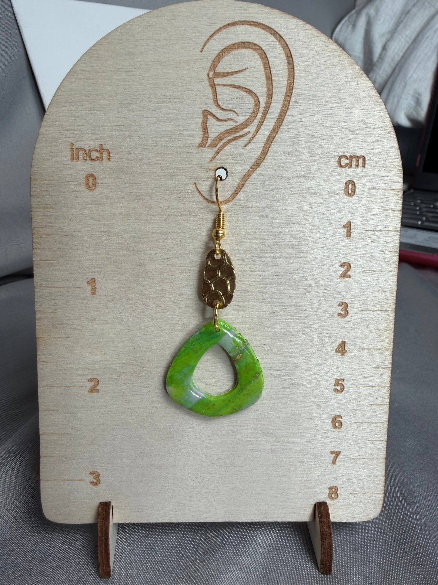 Handmade Lime Green Polymer Clay & Resin Teardrop Earrings with Gold Accent | Lightweight Statement Dangles