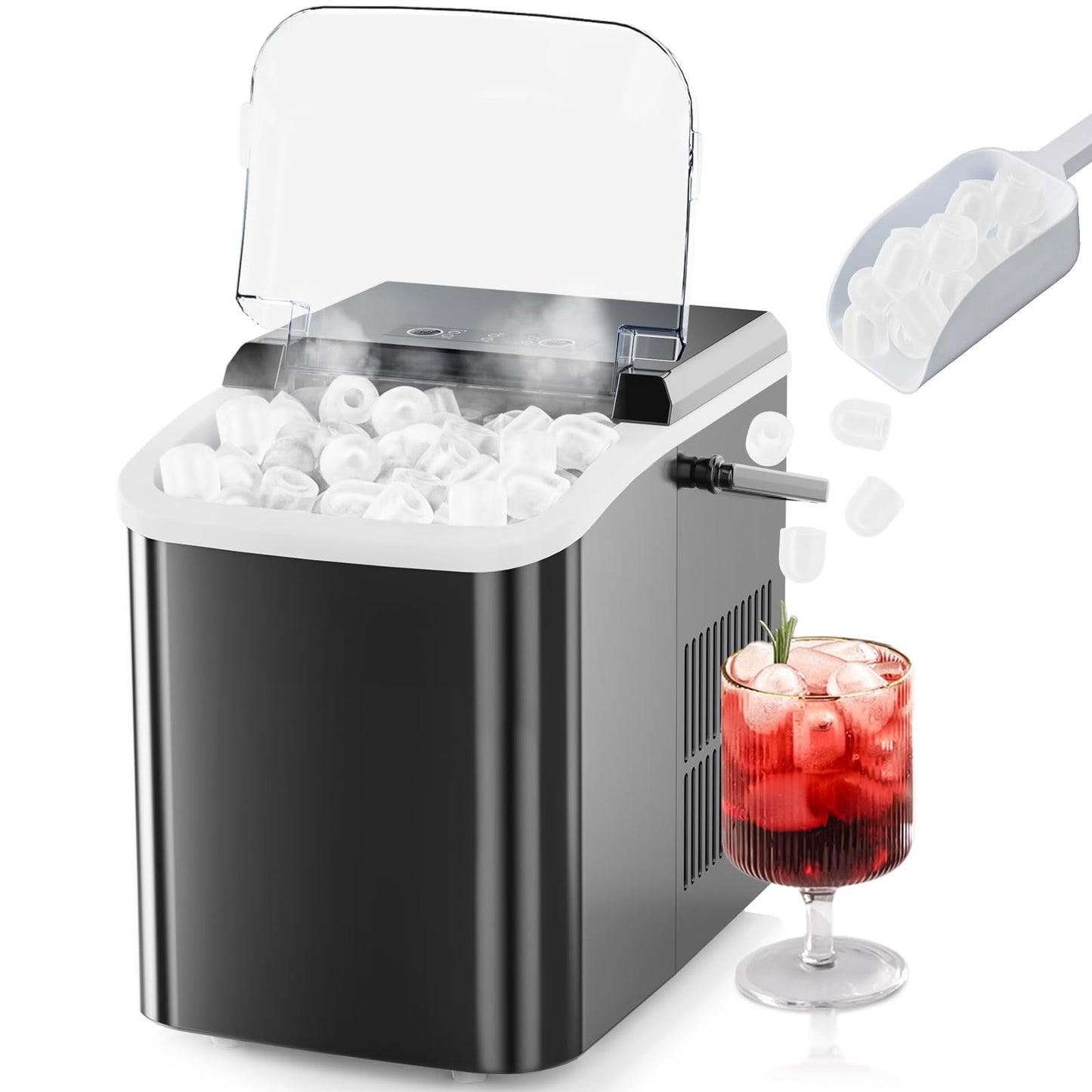 Sweetcrispy Countertop Ice Maker Machine, Portable Self-Cleaning Ice Machine with Ice Scoop, Basket and Handle, 9 Cubes in 6 Mins, 26.5lbs/24Hrs, 2 Sizes of Bullet Ice for Home Kitchen, Coal Black