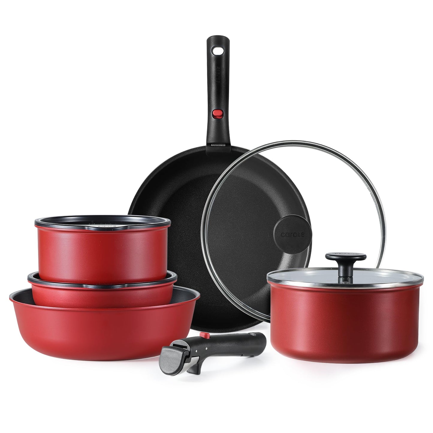 CAROTE 11pcs Pots and Pans Set, Nonstick Cookware Detachable/Removable Handle, Induction RV Kitchen Set, Oven Safe, Cream White