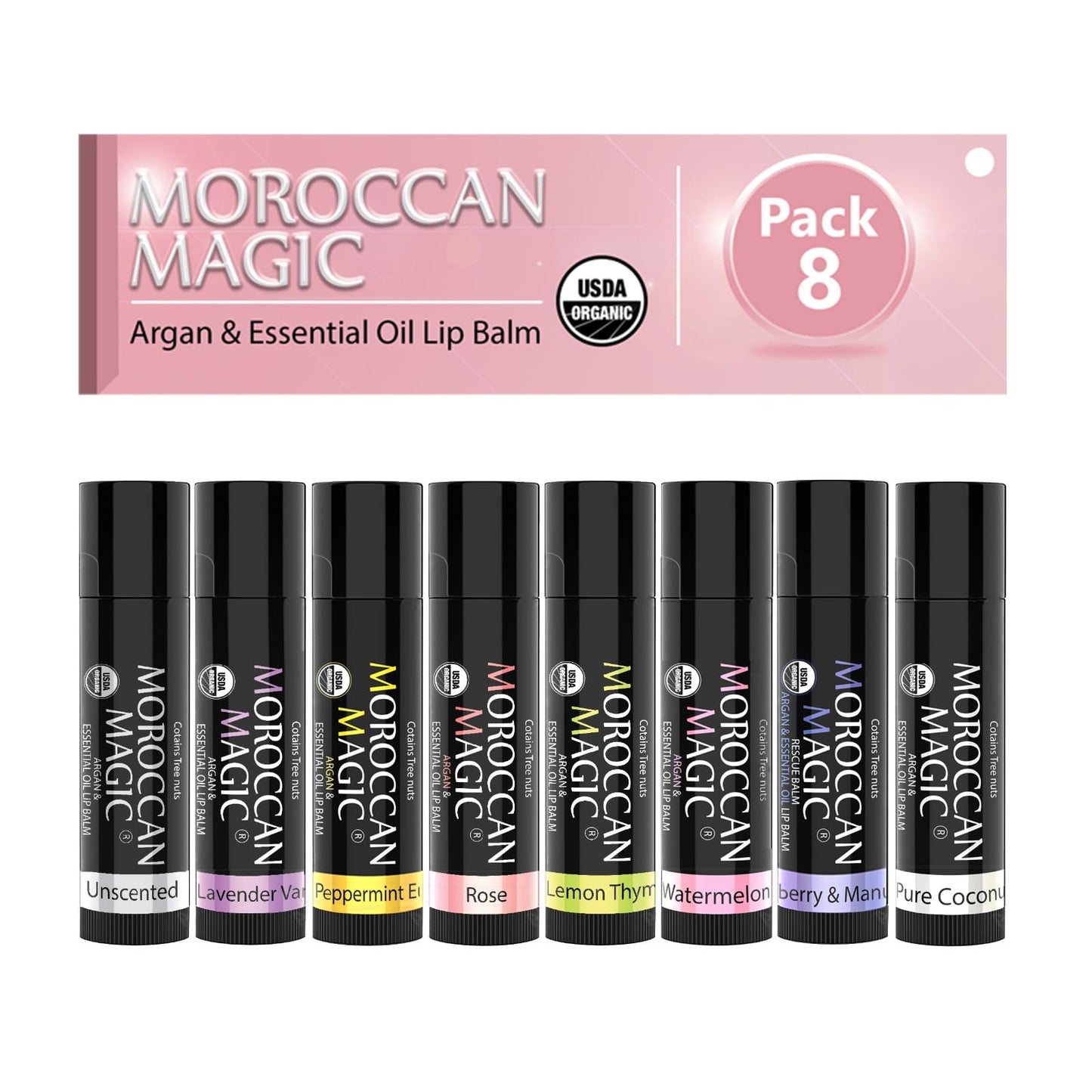 Moroccan Magic Organic Peppermint Eucalyptus Lip Balm 3 Pack | Ultra-Hydrating Argan & Essential Oil Lip Moisturizer + Vitamin E | Natural Mint Chapstick for Dry Lips | Non-Toxic | Organic Lip Balm