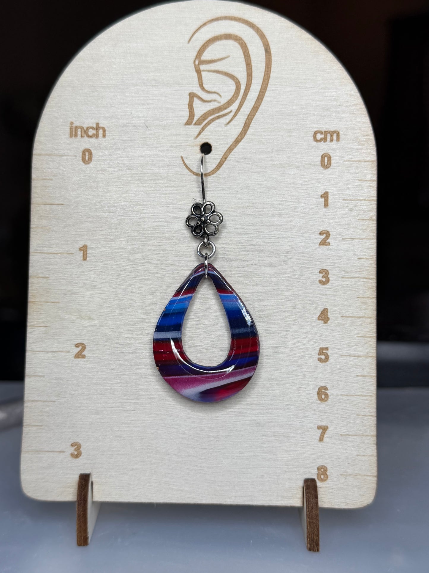 Handmade Patriotic Resin Teardrop Earrings | Red, White & Blue Floral Dangle Earrings