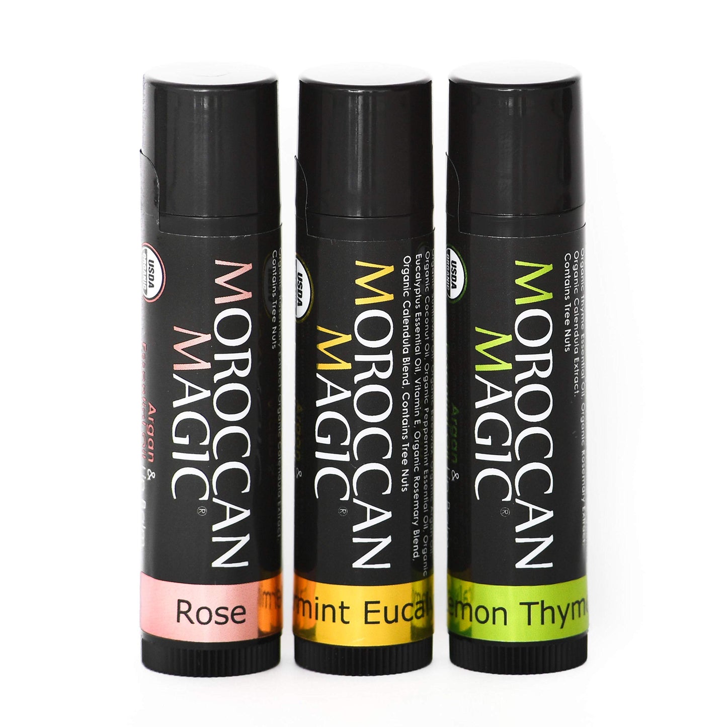 Moroccan Magic Organic Peppermint Eucalyptus Lip Balm 3 Pack | Ultra-Hydrating Argan & Essential Oil Lip Moisturizer + Vitamin E | Natural Mint Chapstick for Dry Lips | Non-Toxic | Organic Lip Balm