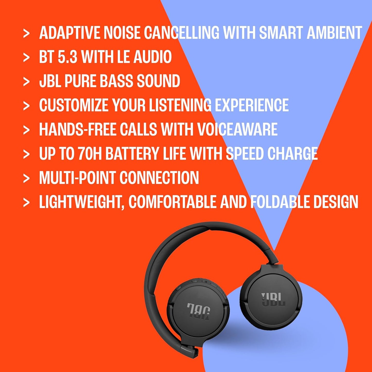 JBL Tune 670NC - Adaptive Noise Cancelling with Smart Ambient Wireless On-Ear Headphones, Up to 70H Battery Life with Speed Charge, Lightweight, Comfortable and Foldable Design (Blue)