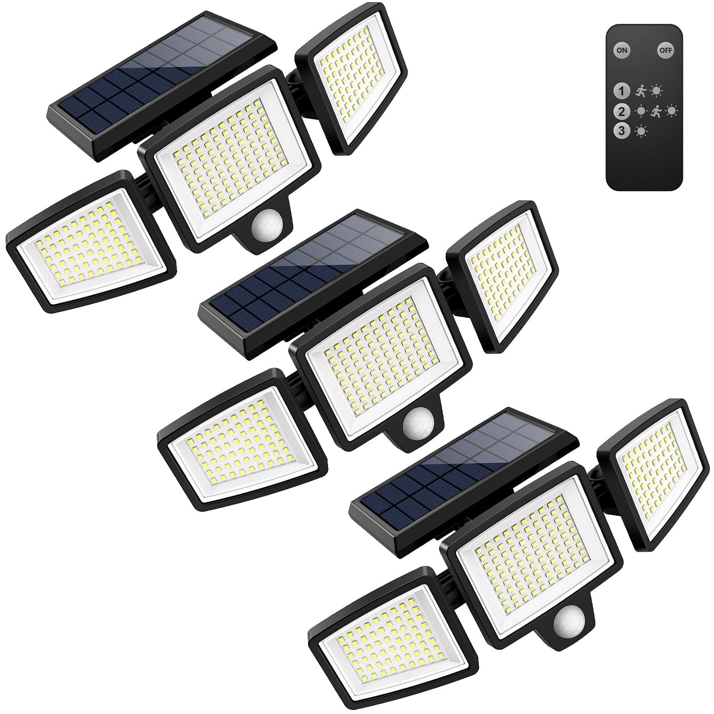 Tuffenough Solar Outdoor Lights 2500LM 210 LED Security Lights with Remote Control,3 Heads Motion Sensor Lights, IP65 Waterproof,270° Wide Angle Flood Wall Lights with 3 Modes (1 Pack)