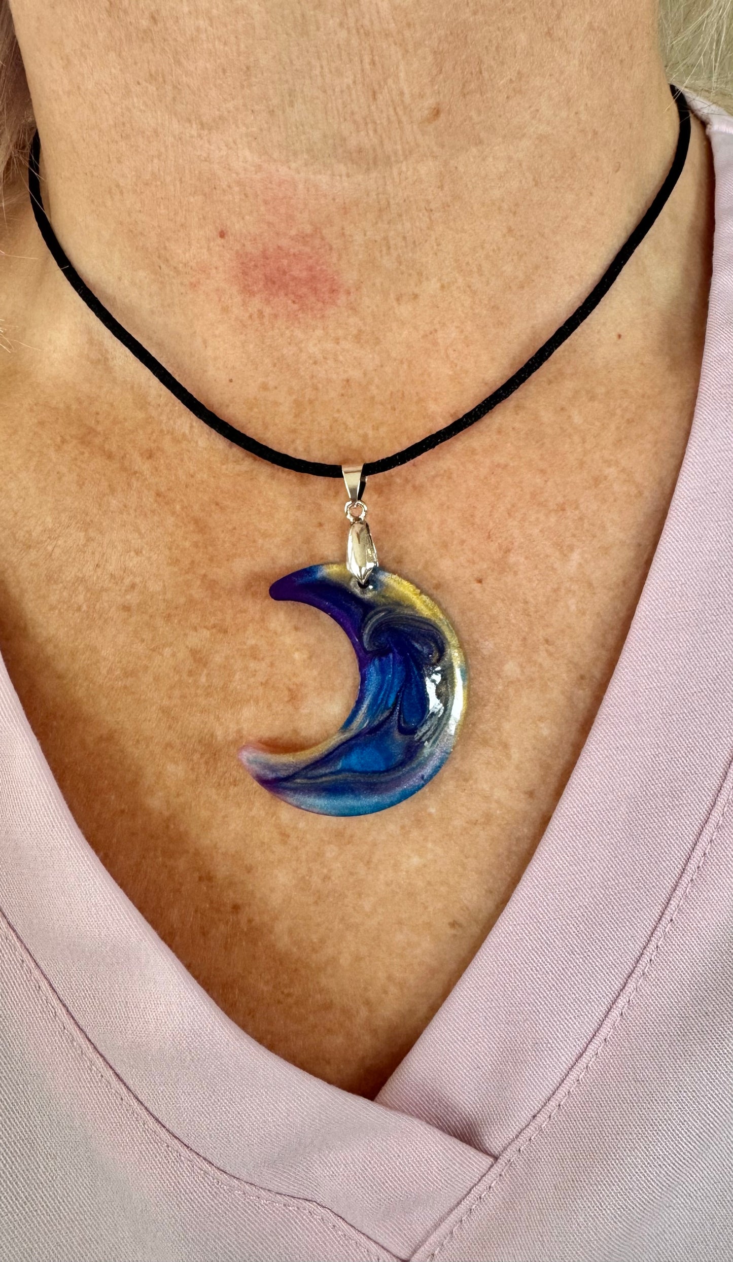 Resin Moon with Mica Color Swirl Necklace - Unique Design Pendant on Black Cord.