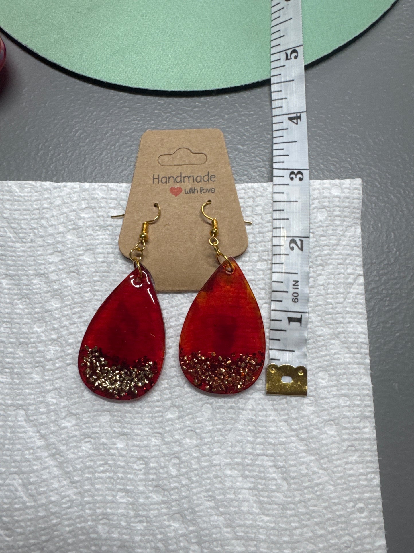 Red Resin Dipped in Golden Glitter Teardrop Earrings