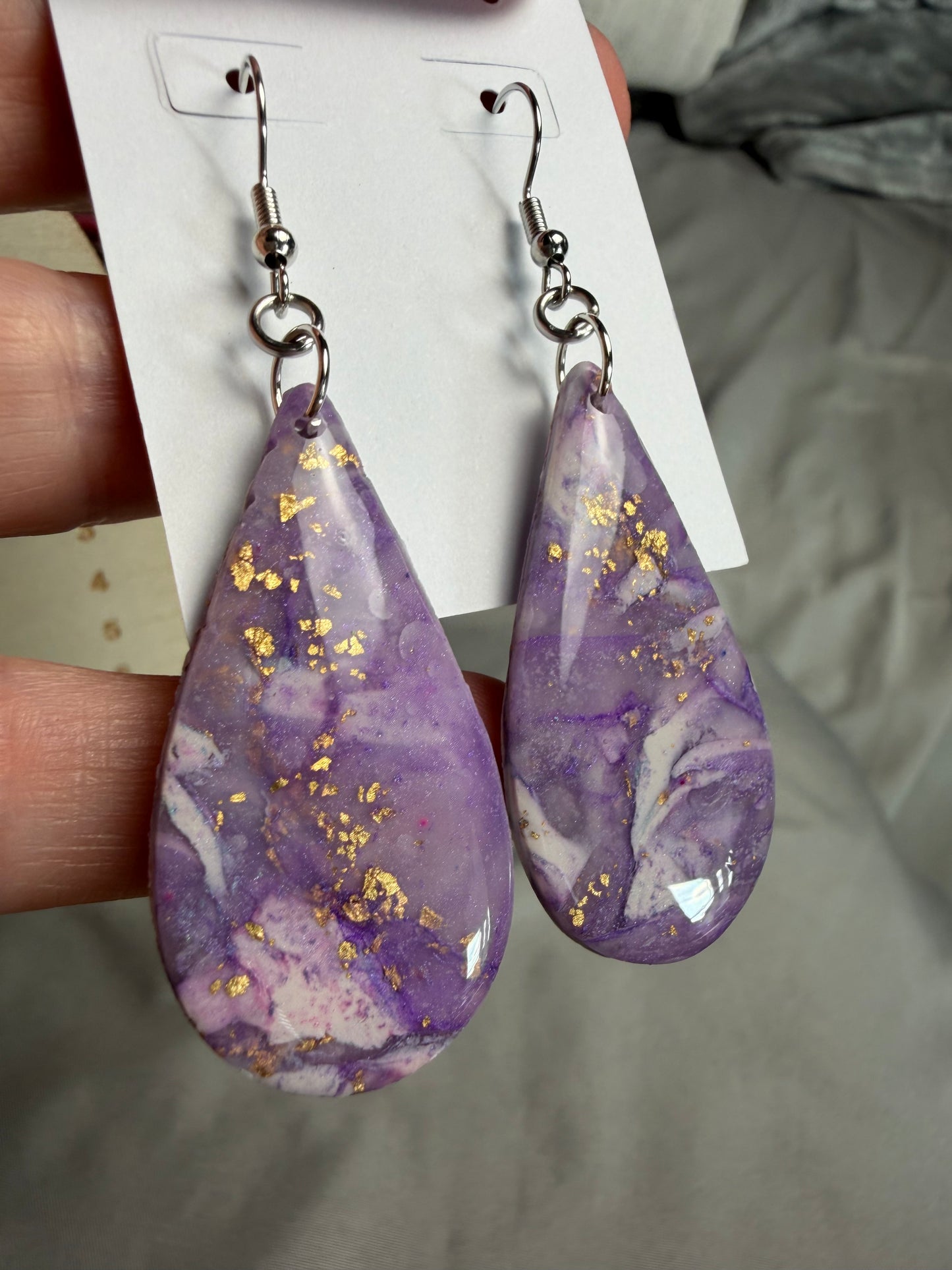 Handmade Purple Marble Teardrop Earrings | Polymer Clay & Resin Dangle Earrings with Gold Foil
