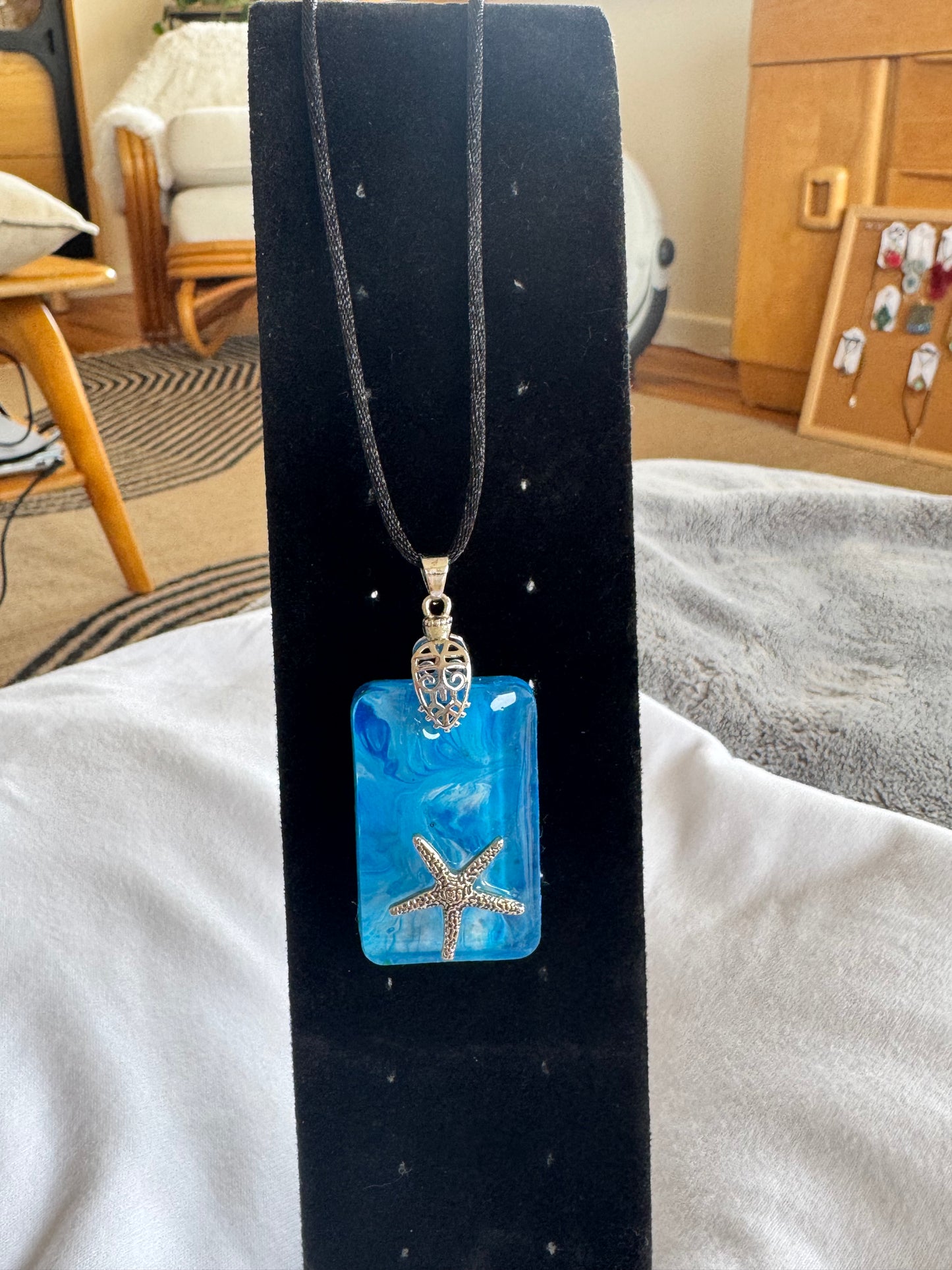 Starfish Set in Ocean Resin Pendant - Blue Resin Pendant on Velvet Chain