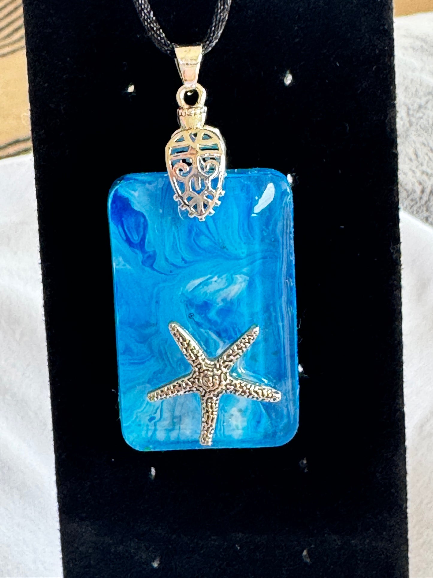 Starfish Set in Ocean Resin Pendant - Blue Resin Pendant on Velvet Chain