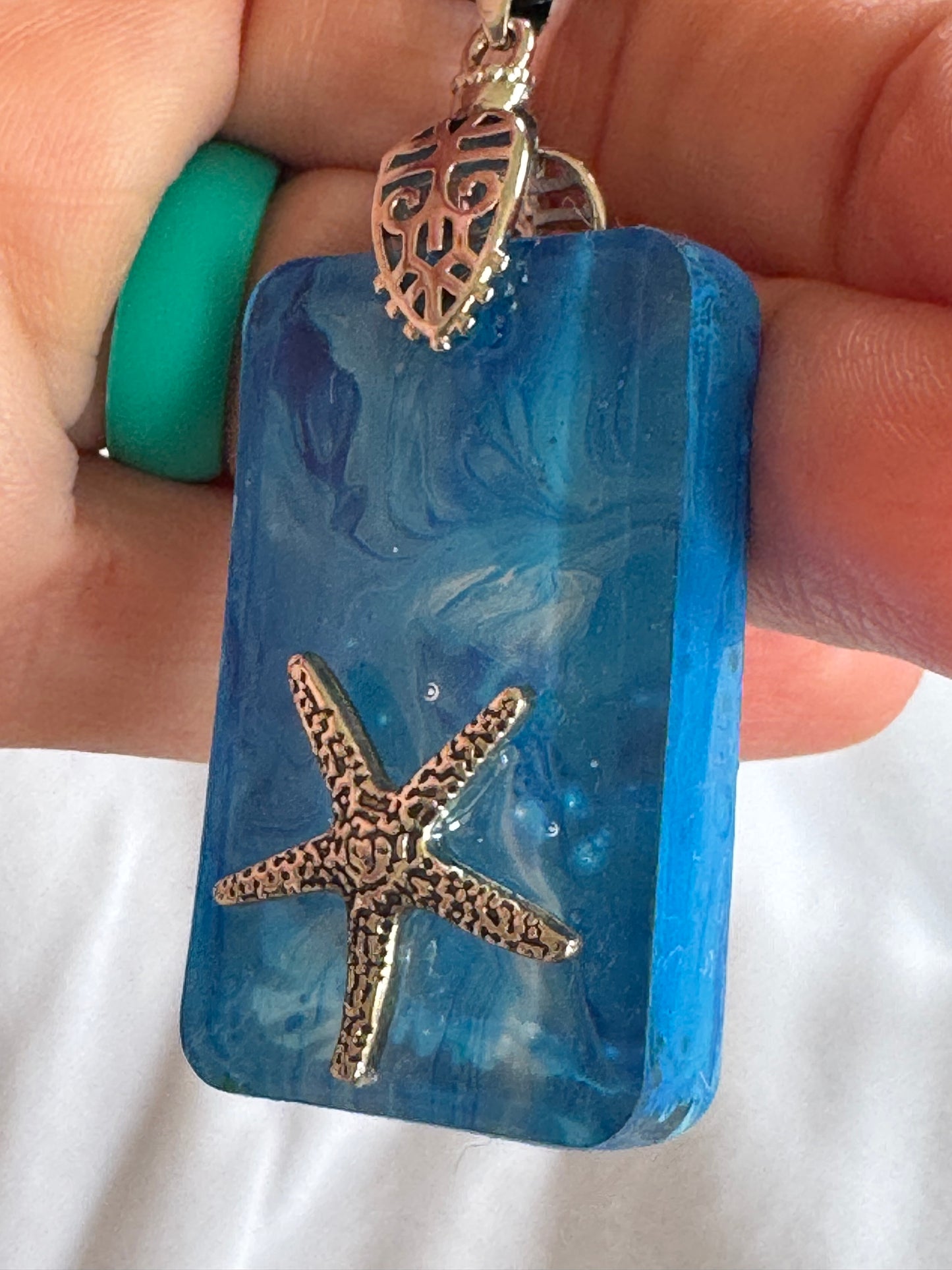 Starfish Set in Ocean Resin Pendant - Blue Resin Pendant on Velvet Chain