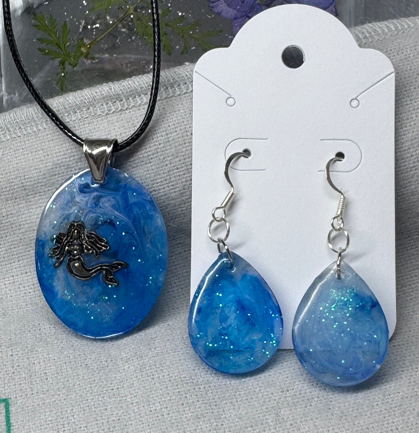 Blue Resin Mermaid Necklace/Earring Set