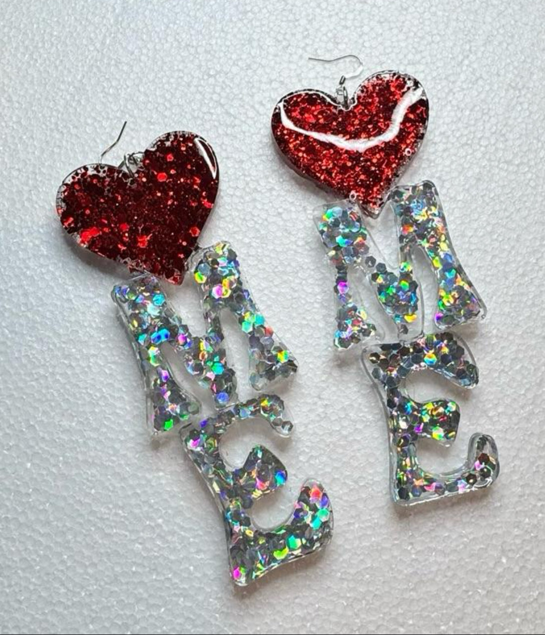 Heart Me Bold and Shiny Earrings Red Glitter Heart with Sparkling "ME" Letters Fashion Accessory daily wear. girl jewelry