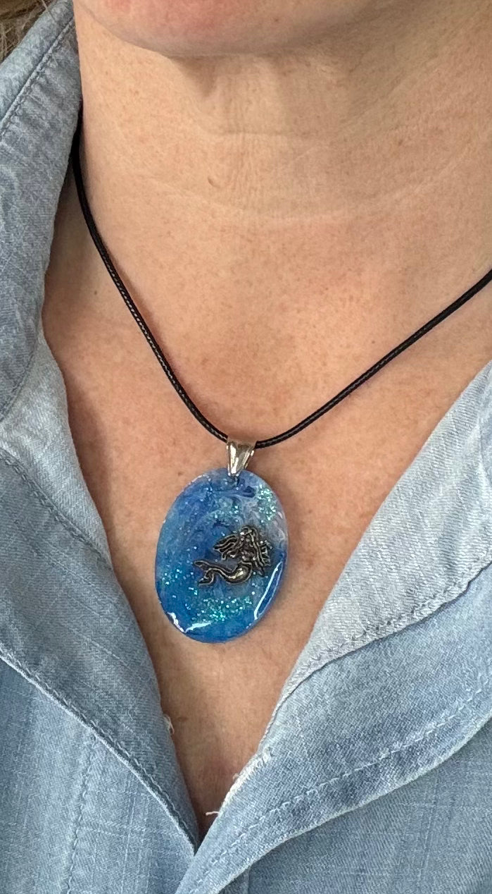 Blue Resin Mermaid Necklace/Earring Set