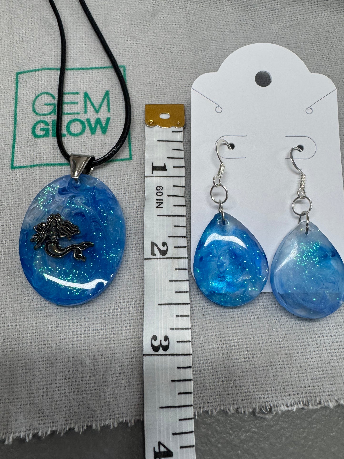 Blue Resin Mermaid Necklace/Earring Set