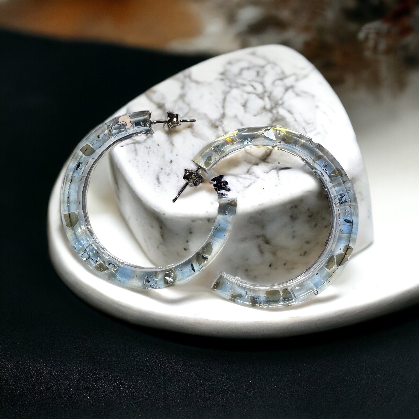 Resin W/blue glass Hoop Earrings