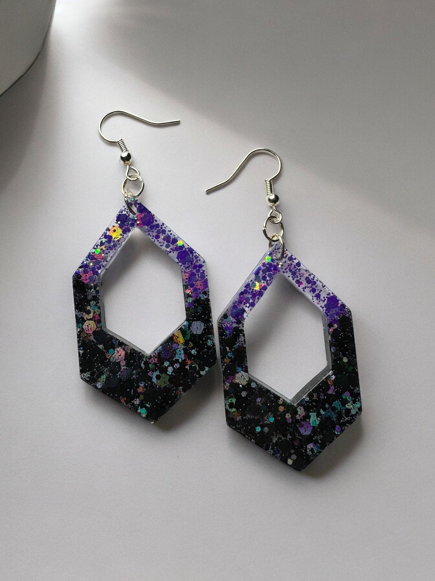 Black and Purple Glitter Shine Resin Earrings