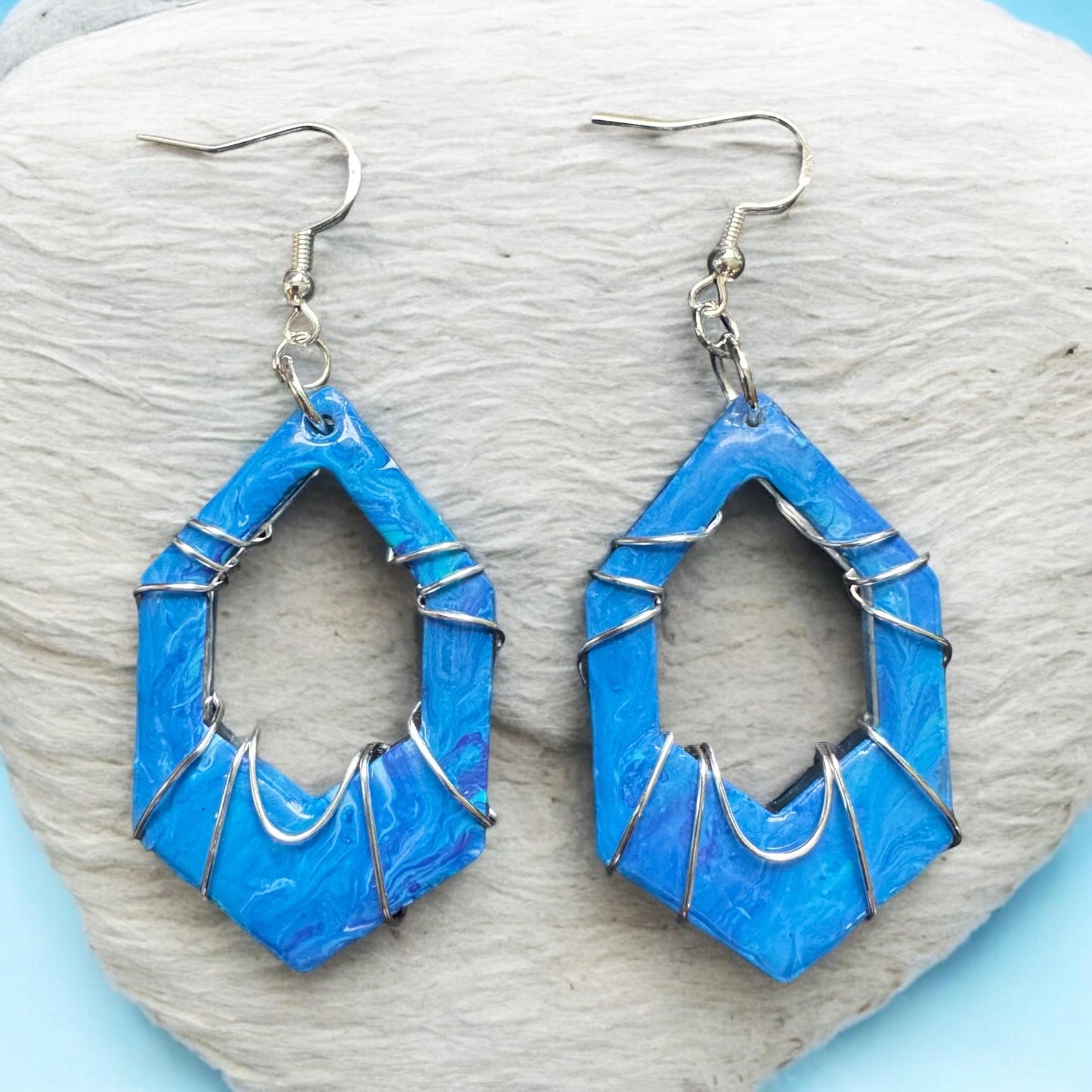 Blue Acrylic Dip/Wire Wrapped Earrings