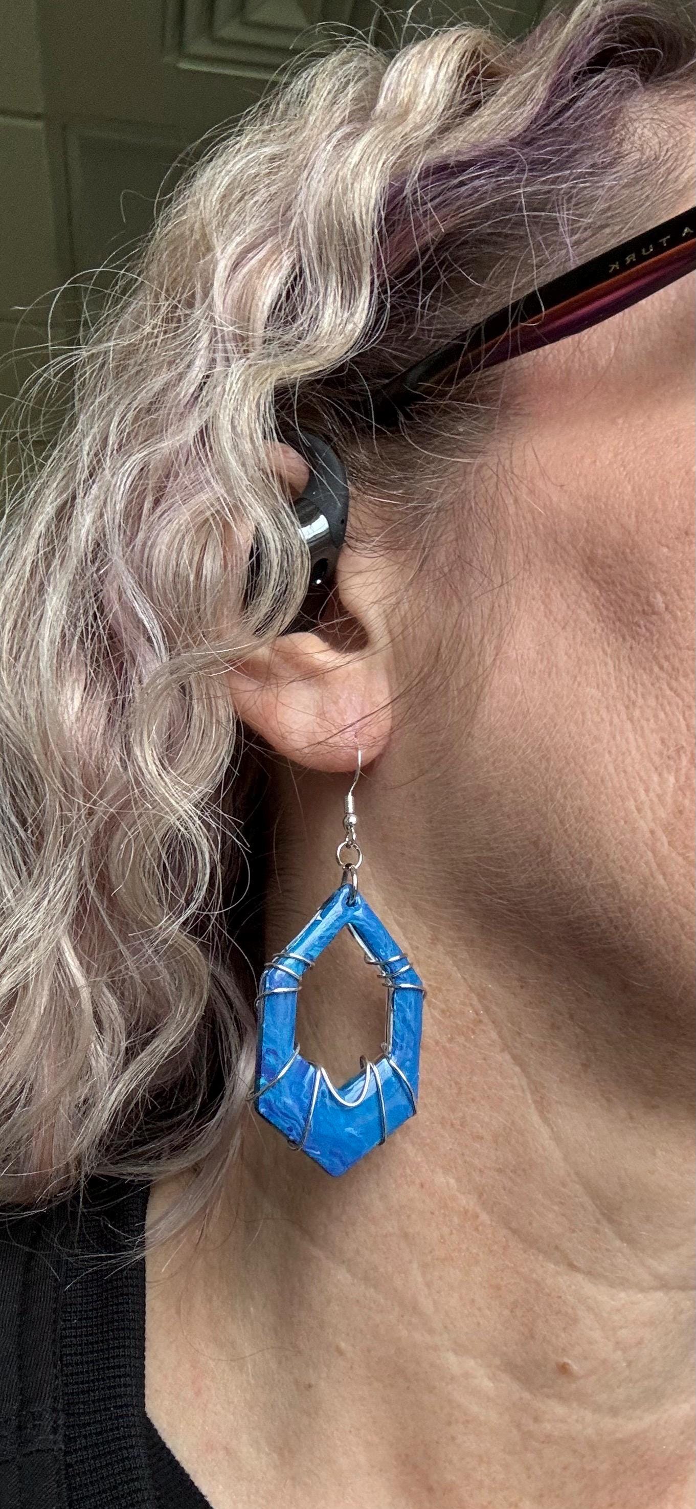 Blue Acrylic Dip/Wire Wrapped Earrings