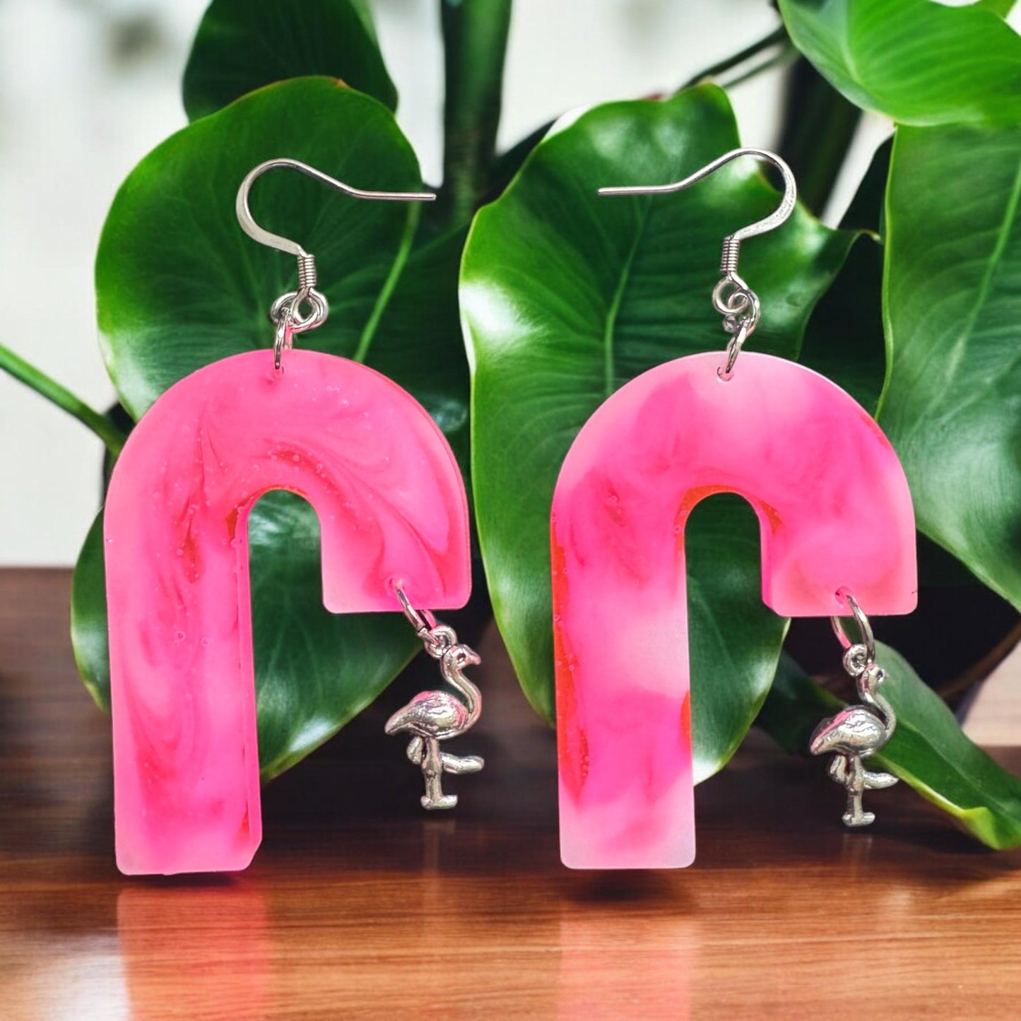 Resin Earrings with Flamingo Charm