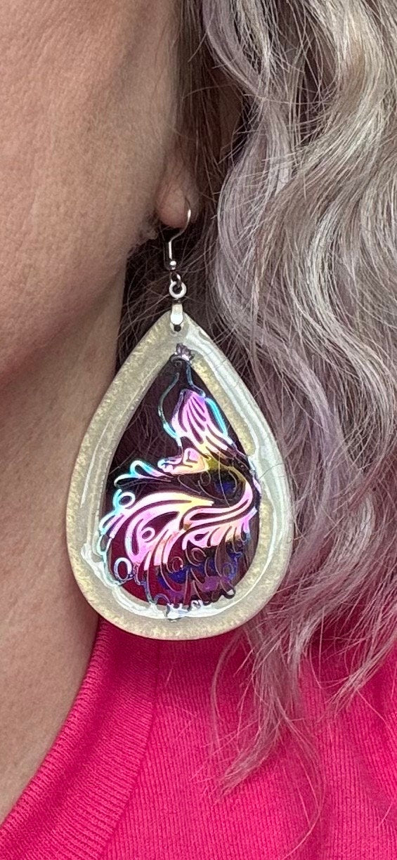 Resin Earrings with Iridescent Metal Peacock