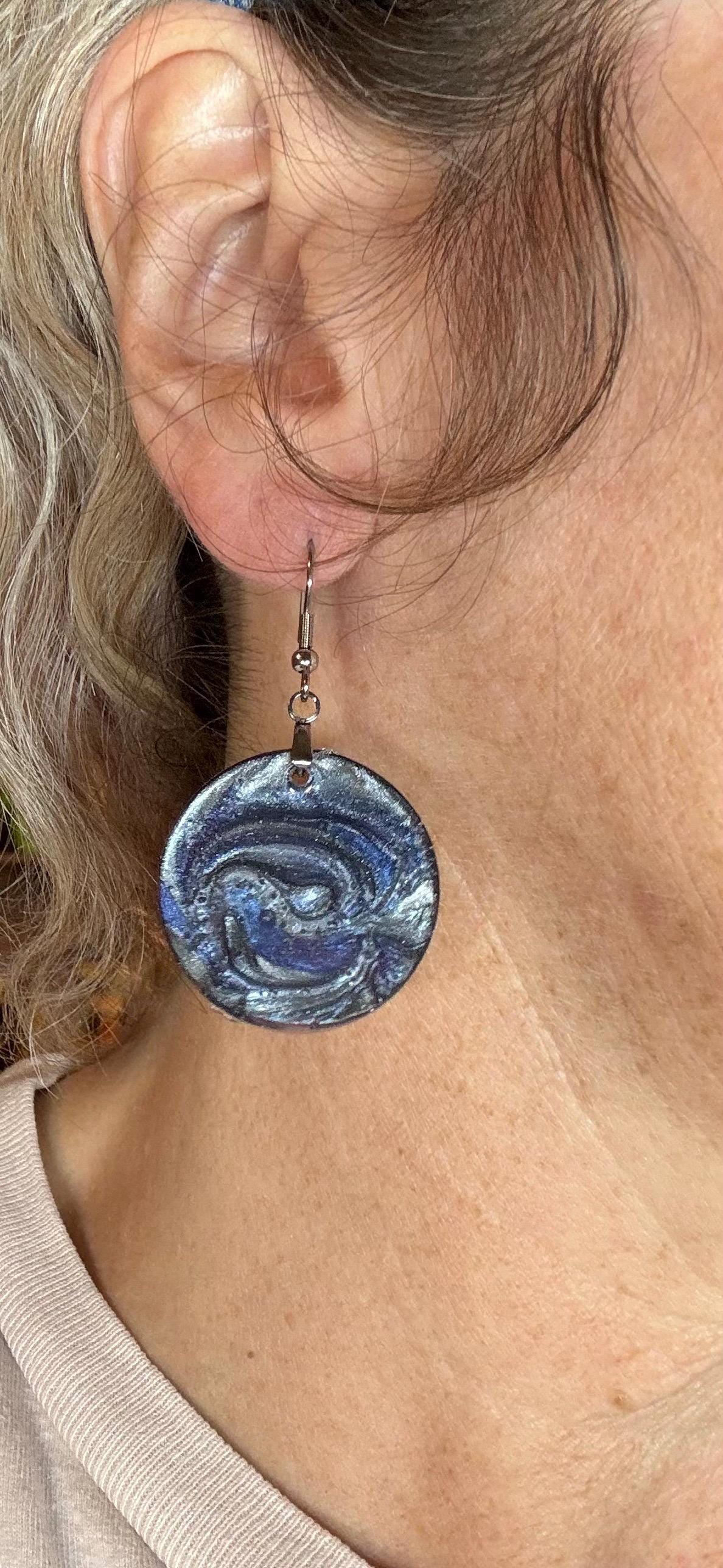 Gray and Blue Mica Swirl Resin Earrings