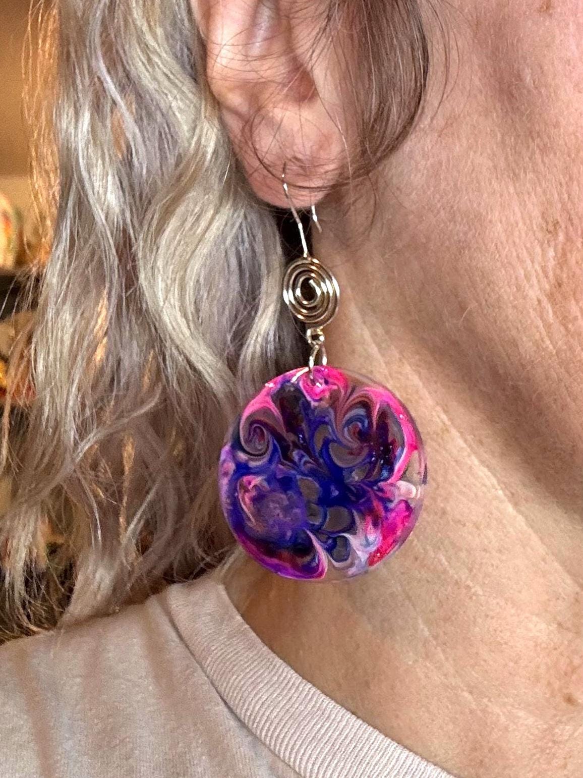 Pink and Blue Color Swirl Resin Earrings