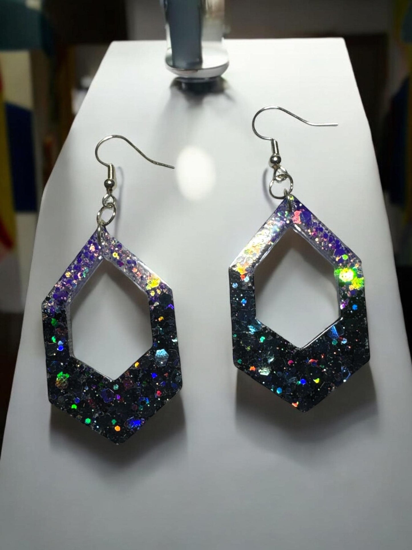 Black and Purple Glitter Shine Resin Earrings