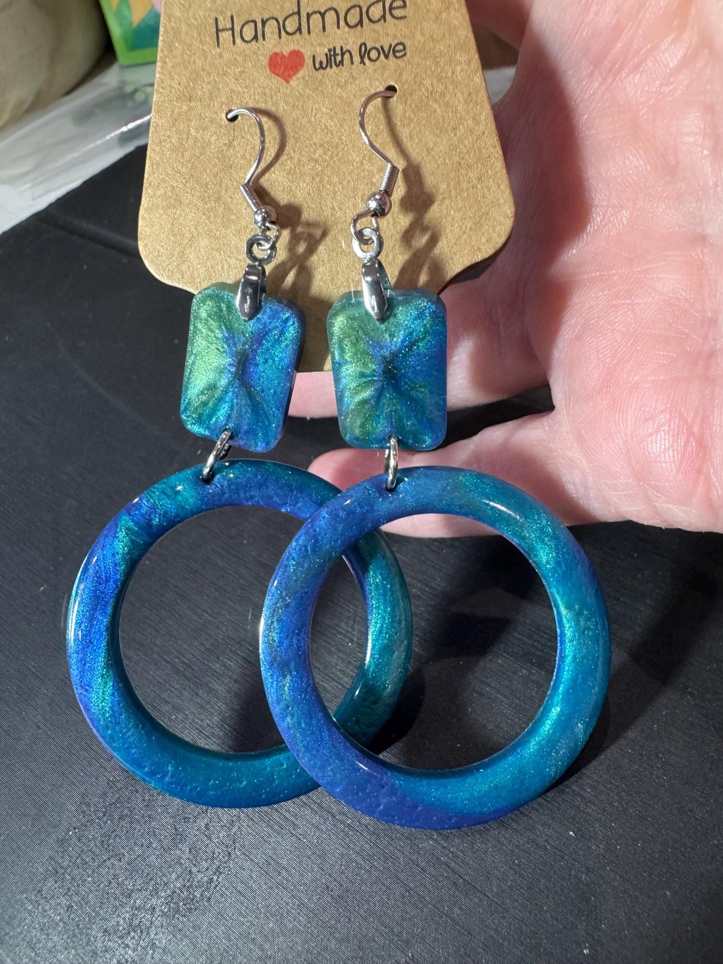 Blue/Green Resin Dangle Earrings