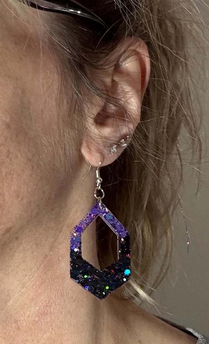 Black and Purple Glitter Shine Resin Earrings