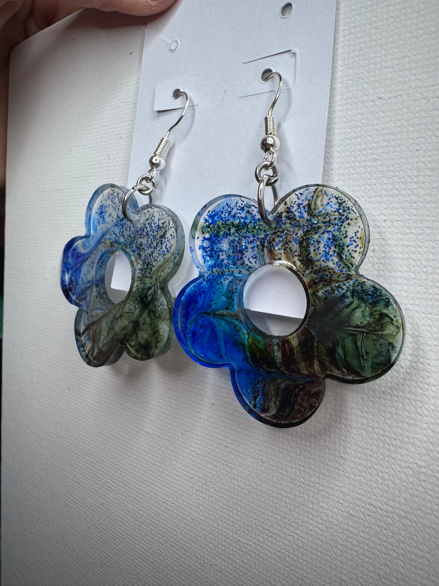 Ocean Bloom Resin Flower Earrings – Blue Green Dangle Statement Earrings