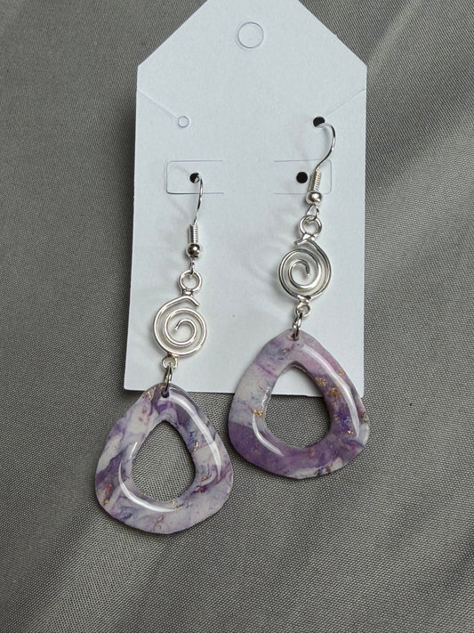 Handmade Lavender Marble Polymer Clay & Resin Teardrop Earrings | Silver Spiral Statement Dangle Earrings