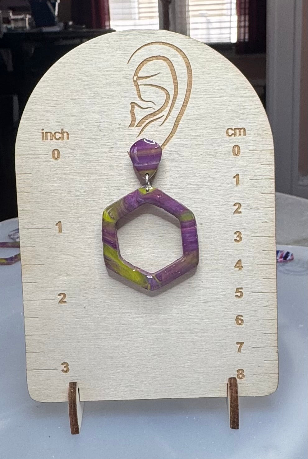 Handmade Marbled Hexagon Polymer Clay Earrings | Purple & Lime Green Geometric Statement Dangles