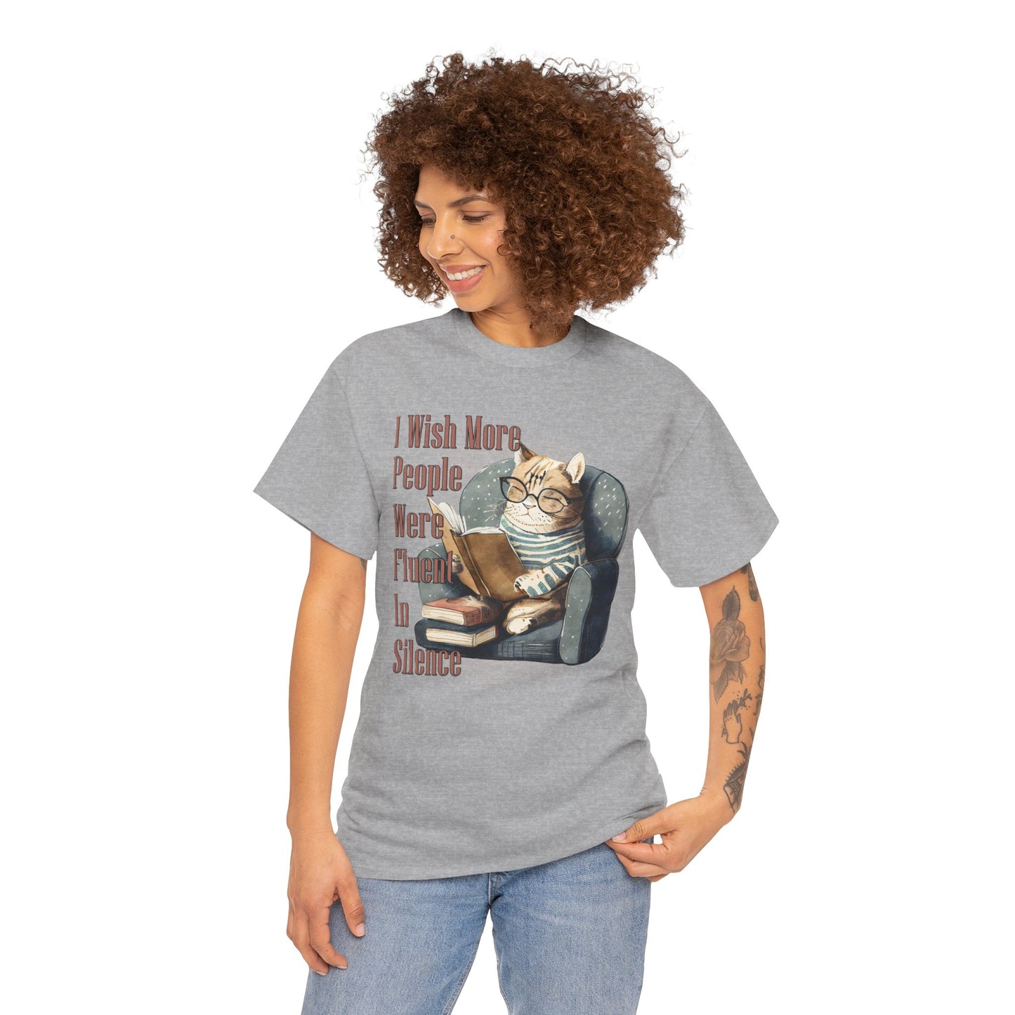 Charming Cat Reading Tee, Funny Cat Lover Shirt, Silent Reader Gift, Cozy Everyday Wear, Unisex Cotton Top