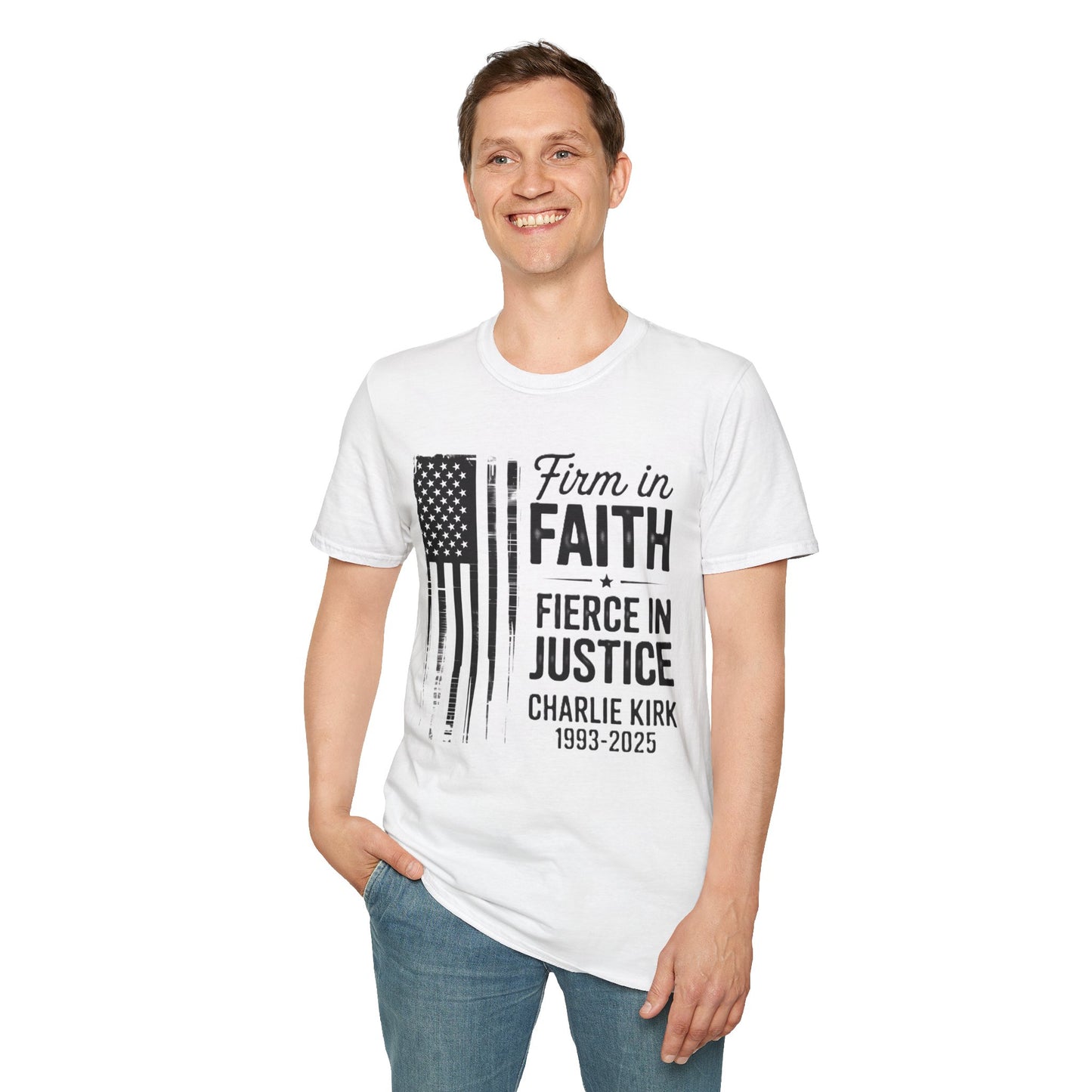 Patriotic Tribute T-Shirt - Firm in Faith, Fierce in Justice - Ideal for Memorials, Gift for Veterans, Casual Wear, Independence Day, [...]