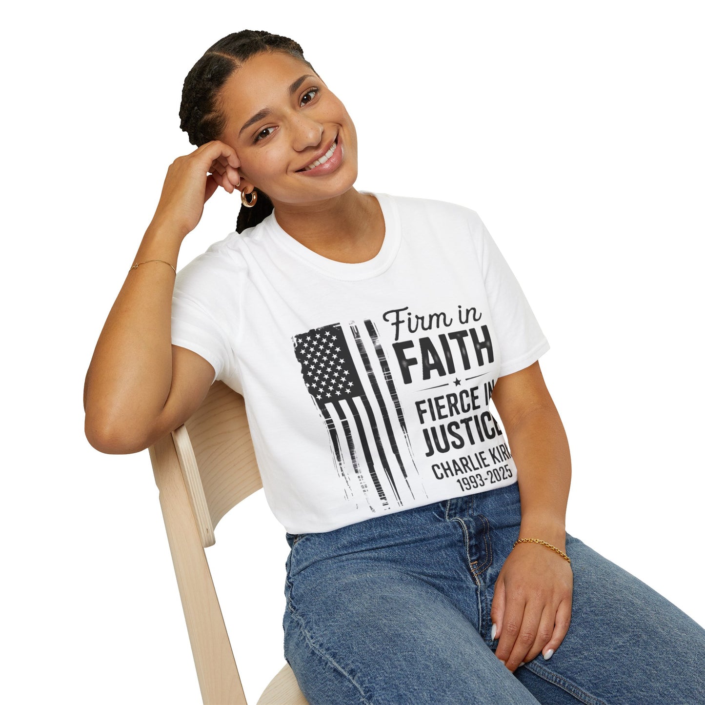 Patriotic Tribute T-Shirt - Firm in Faith, Fierce in Justice - Ideal for Memorials, Gift for Veterans, Casual Wear, Independence Day, [...]