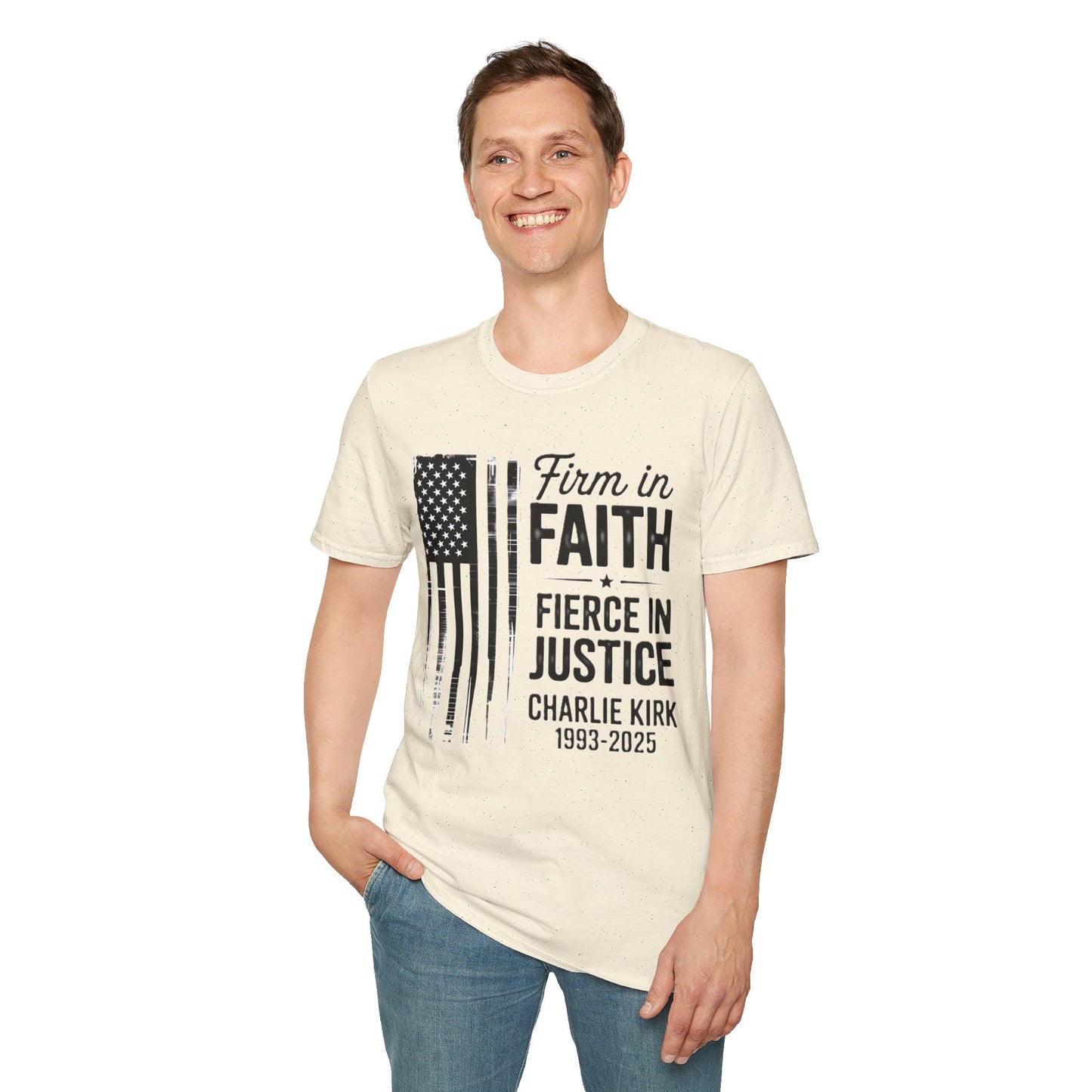 Patriotic Tribute T-Shirt - Firm in Faith, Fierce in Justice - Ideal for Memorials, Gift for Veterans, Casual Wear, Independence Day, [...]