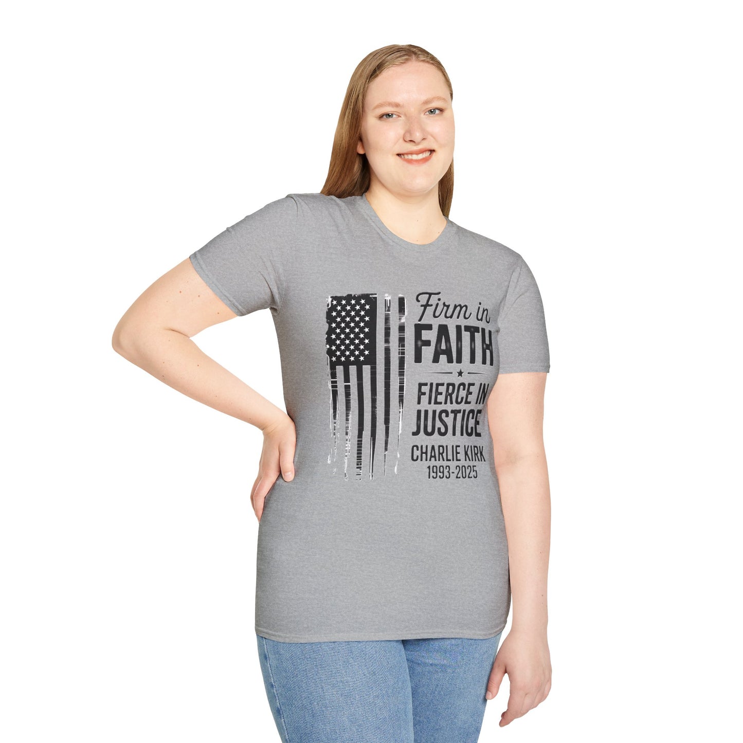 Patriotic Tribute T-Shirt - Firm in Faith, Fierce in Justice - Ideal for Memorials, Gift for Veterans, Casual Wear, Independence Day, [...]