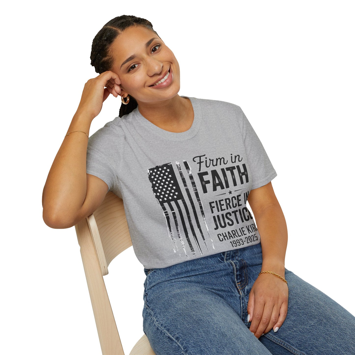 Patriotic Tribute T-Shirt - Firm in Faith, Fierce in Justice - Ideal for Memorials, Gift for Veterans, Casual Wear, Independence Day, [...]