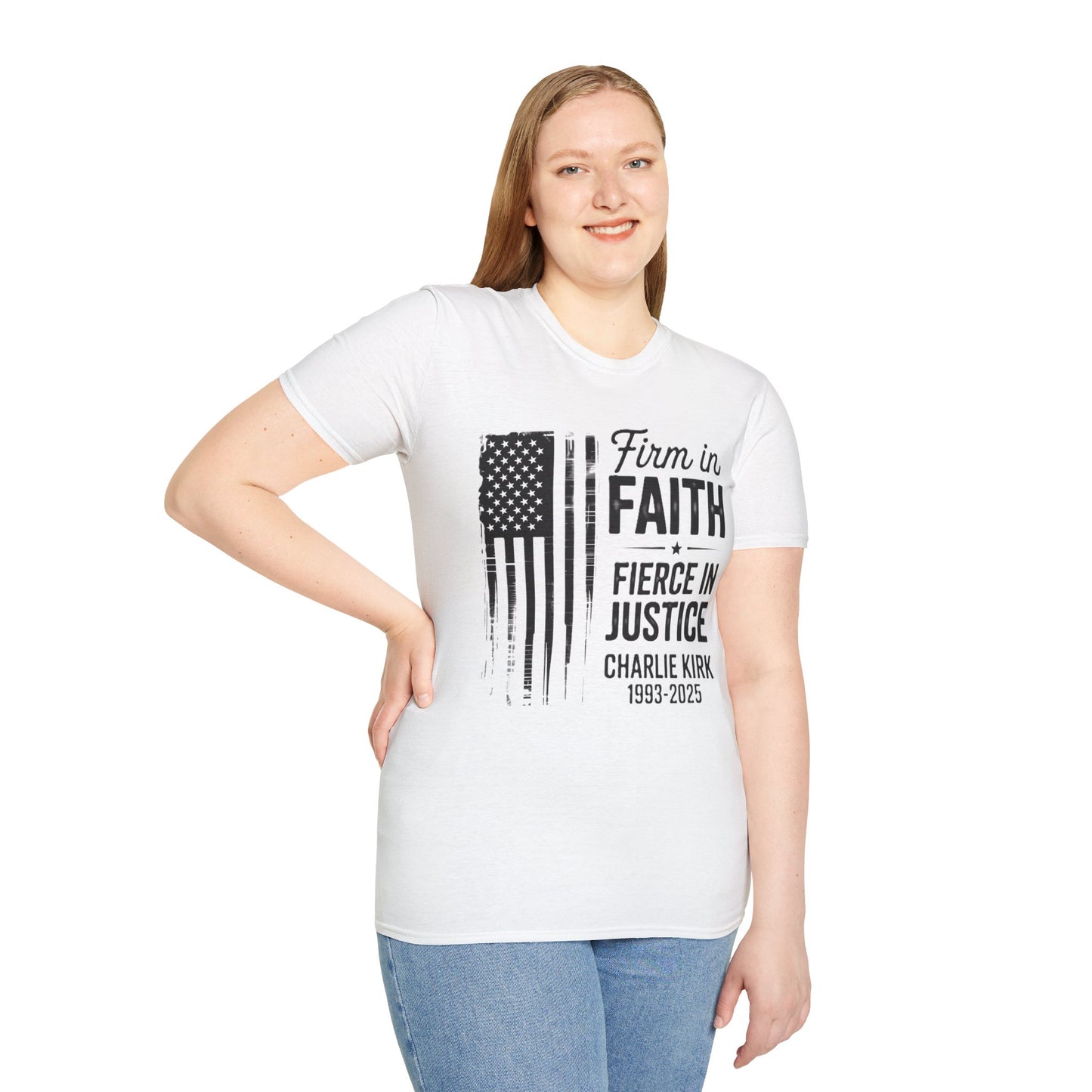 Patriotic Tribute T-Shirt - Firm in Faith, Fierce in Justice - Ideal for Memorials, Gift for Veterans, Casual Wear, Independence Day, [...]