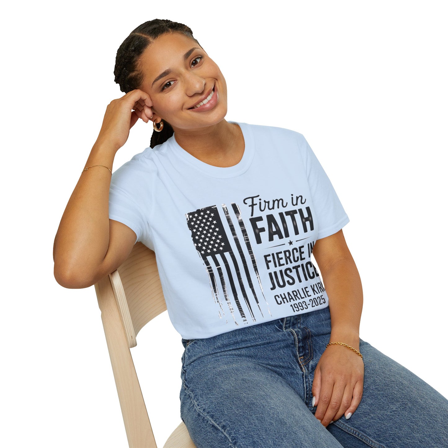 Patriotic Tribute T-Shirt - Firm in Faith, Fierce in Justice - Ideal for Memorials, Gift for Veterans, Casual Wear, Independence Day, [...]