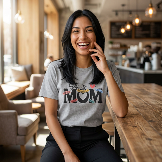 She Is Mom T-Shirt — Heart & Floral "She is MOM" Mother's Day Tee