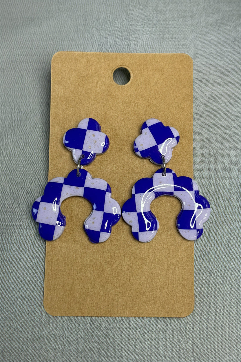 Handmade Purple Checkerboard Polymer Clay Arch Earrings | Lightweight Geometric Statement Dangle Earrings