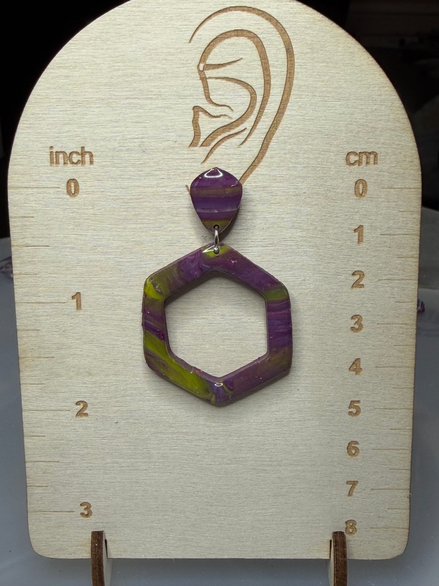 Handmade Marbled Hexagon Polymer Clay Earrings | Purple & Lime Green Geometric Statement Dangles