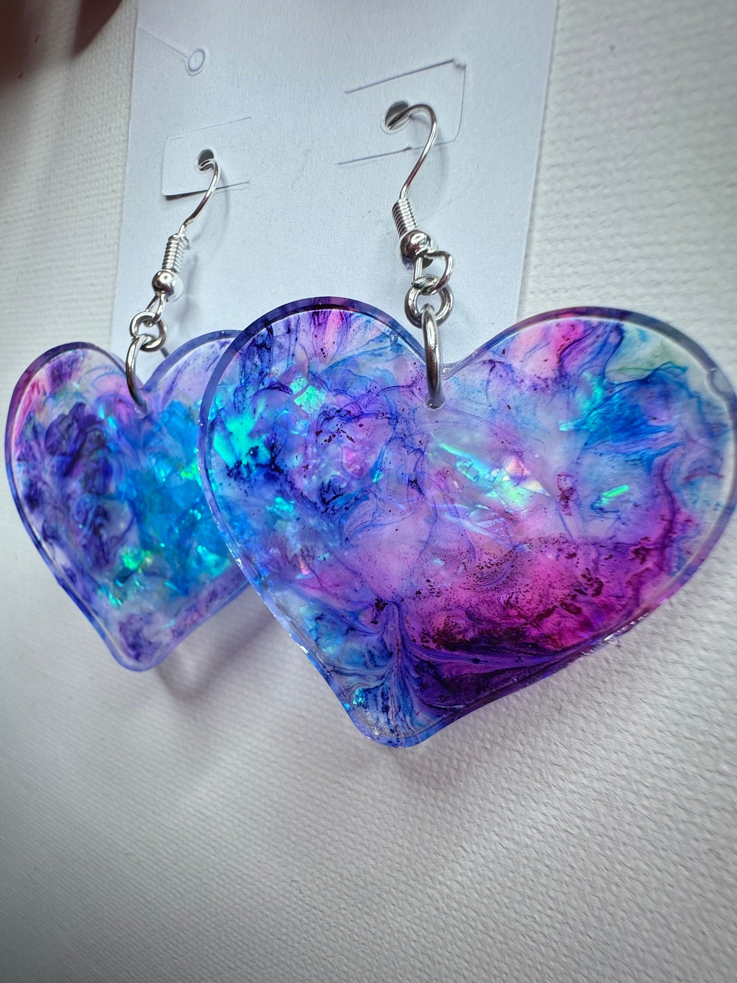 Heart Earrings – Iridescent Resin Dangle Earrings, Purple Blue Pink Statement Jewelry