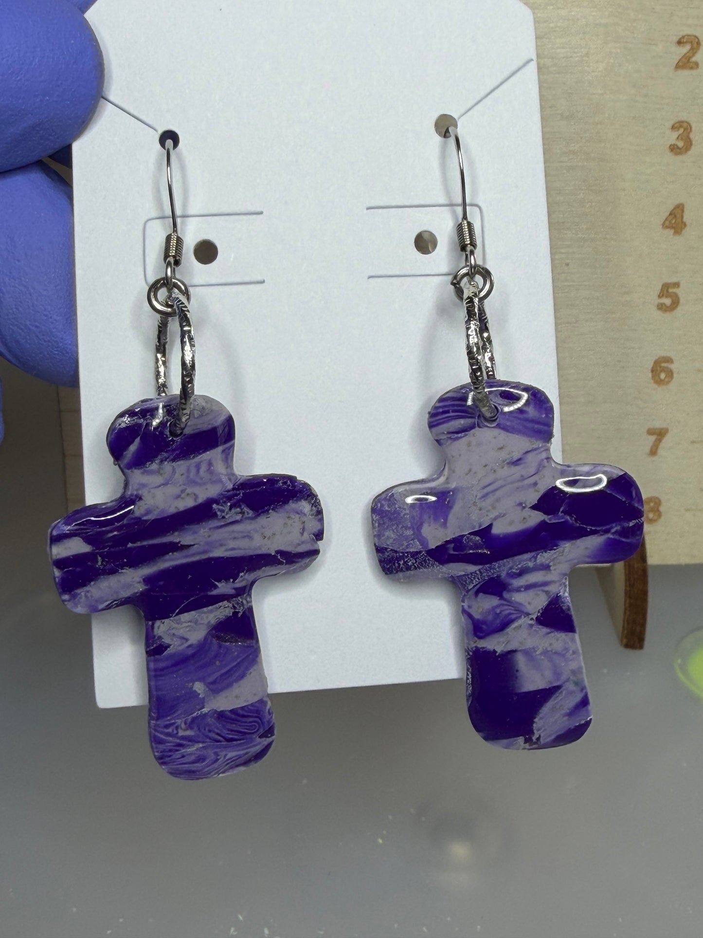 Handmade Purple Marbled Cross Polymer Clay Earrings | Lightweight Faith Dangle Earrings