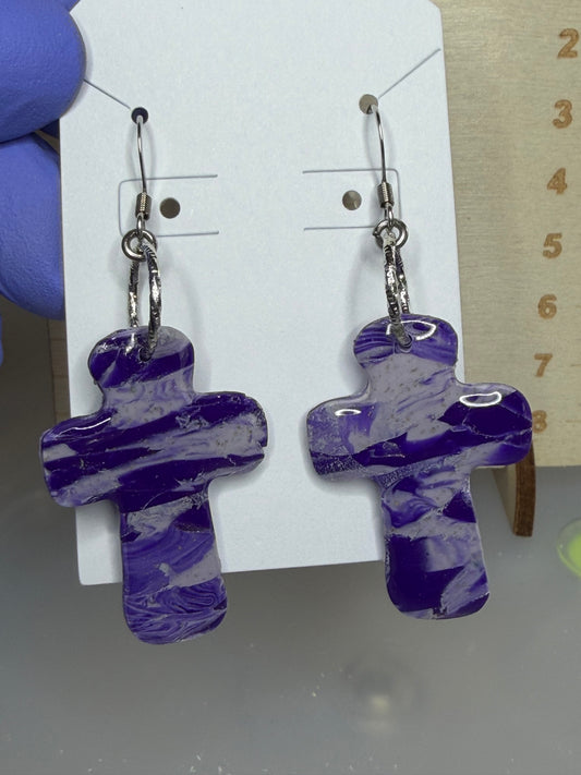 Handmade Purple Marbled Cross Polymer Clay Earrings | Lightweight Faith Dangle Earrings