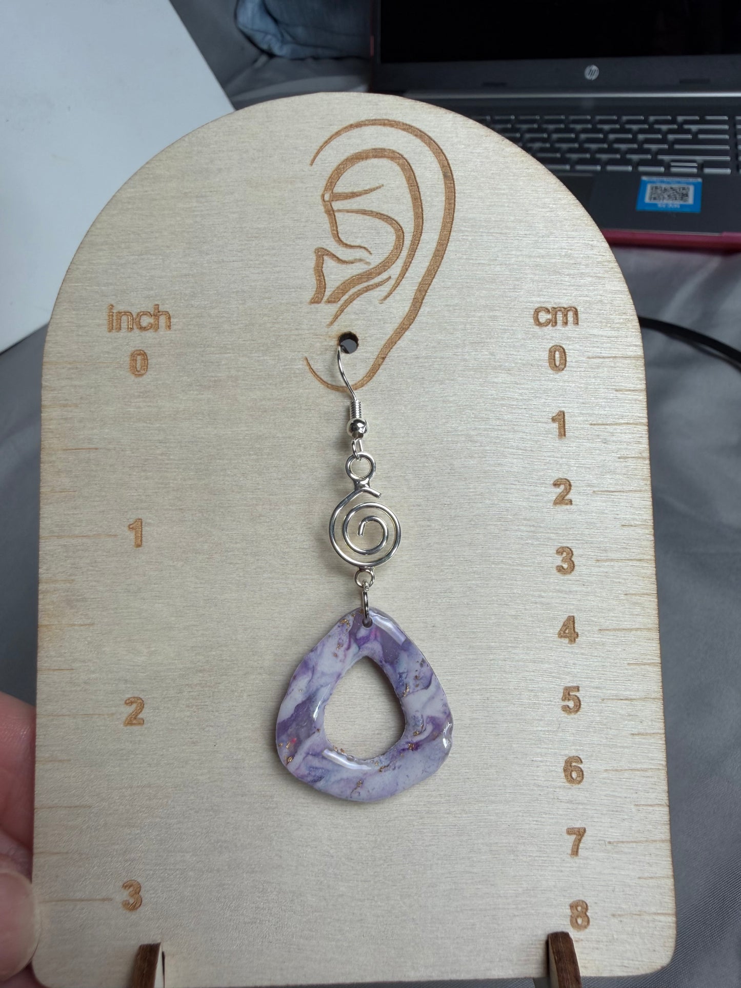 Handmade Lavender Marble Polymer Clay & Resin Teardrop Earrings | Silver Spiral Statement Dangle Earrings