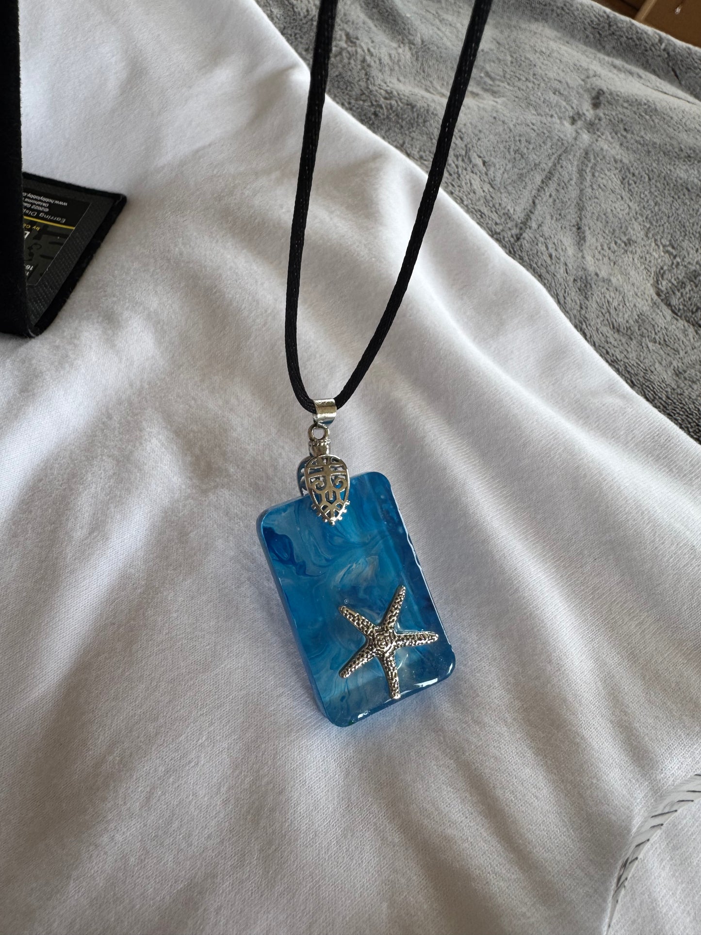 Starfish Set in Ocean Resin Pendant - Blue Resin Pendant on Velvet Chain