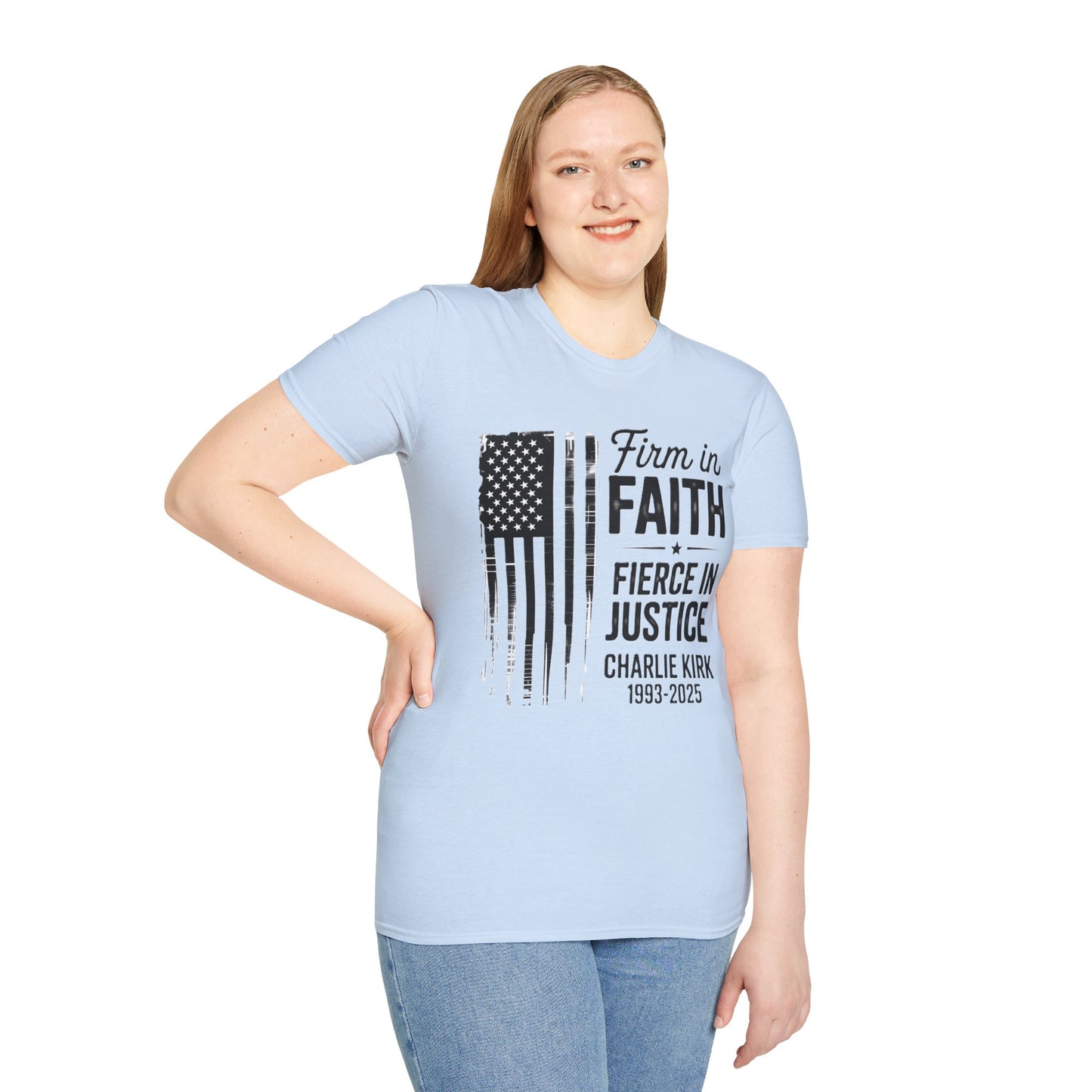 Patriotic Tribute T-Shirt - Firm in Faith, Fierce in Justice - Ideal for Memorials, Gift for Veterans, Casual Wear, Independence Day, [...]